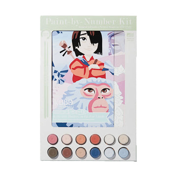 Paint by Number Kit packaging with character illustration and color swatches on a white background